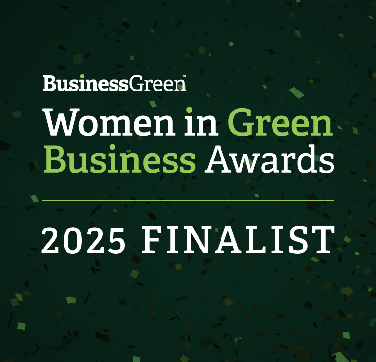 Dark green background with white and light green text saying 'Business Green, Women in Green Business Awards, 2025 Finalist'